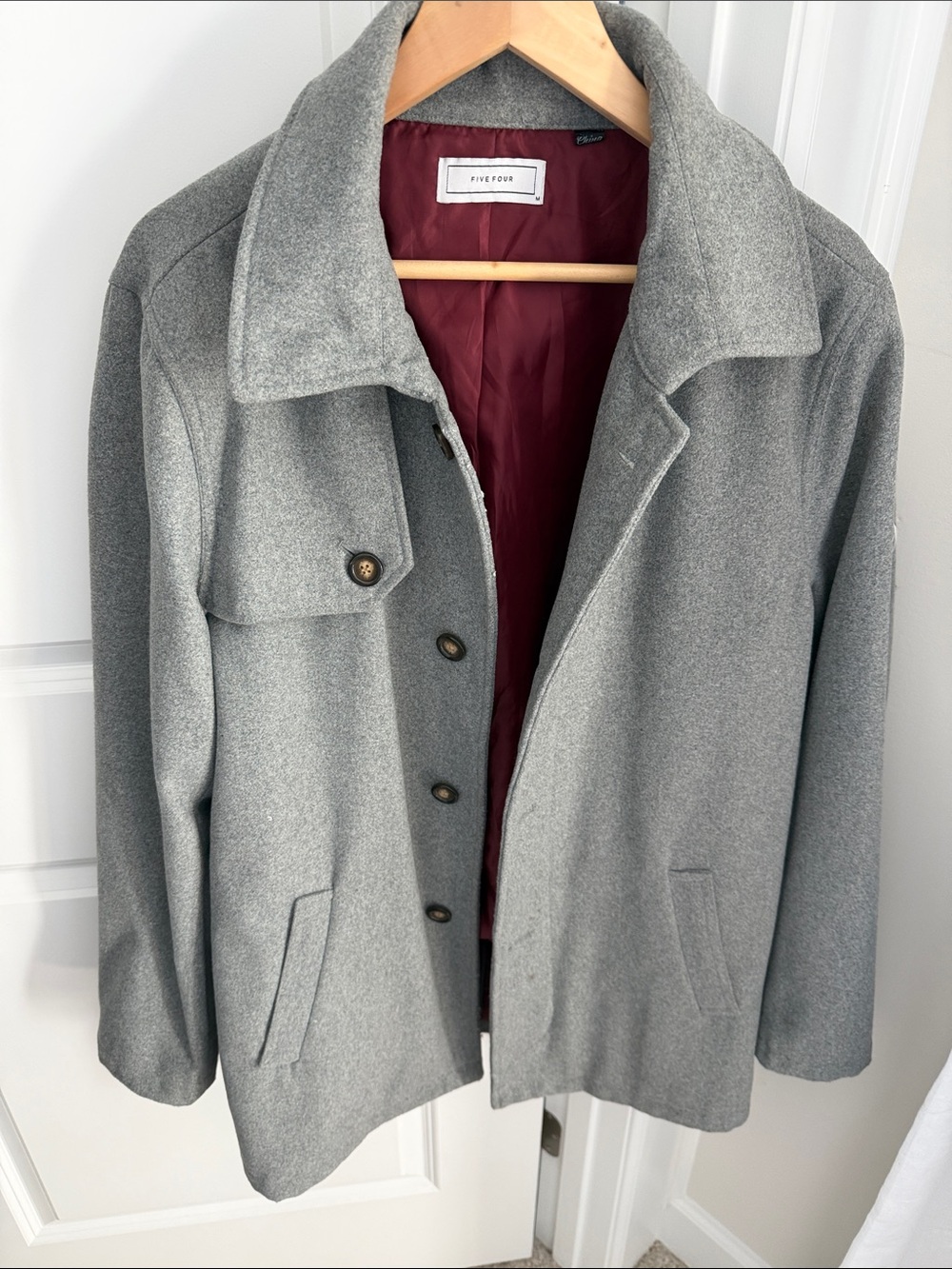 Five Four Light Gray Wool Peacoat with Burgundy Interior